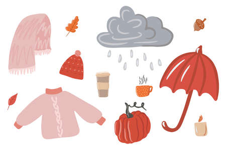 Collection of cute illustrations, a cozy rainy day, hygge, raindrops falling from a cloudy sky, cloud and rain, a set of rainy autumn, autumn pumpkin, vegetable. Cartoon illustration, modern designのイラスト素材