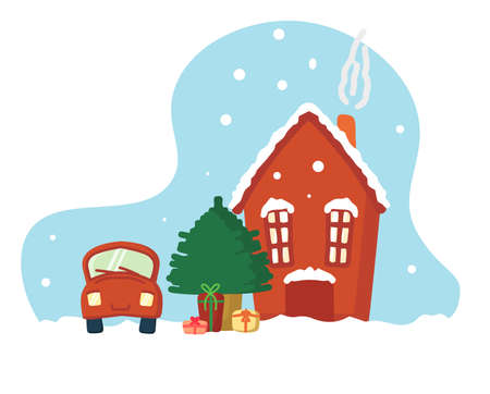 Beautiful snowflakes. A set of story cards for Christmas and New Year. A car with a house, Christmas tree, New Year gifts. Festive and joyful atmosphere, emotions. flat style. Vector illustrationのイラスト素材