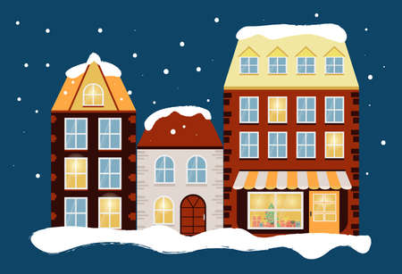 Cute city houses with a shop window with gifts. Facades of buildings with windows and doors. Christmas shop with gifts and Christmas tree. Winter evening with snow. Vector illustrationのイラスト素材