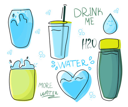 Set of glasses, bottles, flasks with water. A drop of water with a smile. The concept of drinking more water. Only glass, zero waste. Vector illustration in a flat cartoon style hand drawing.のイラスト素材