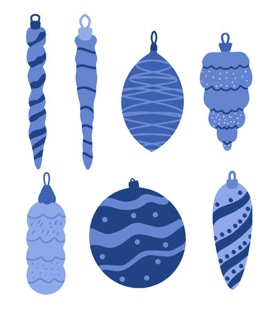 Collection of beautiful Christmas tree toys of different shapes with blue patterns. Elements of New Year, Christmas design. Vector illustration isolated on a white background in a flat cartoon style.のイラスト素材