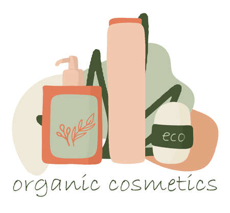 Organic cosmetics, jar packaging, soap, herbal cosmetics set, flat hand-drawn style, womens things, womens hygieneのイラスト素材