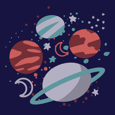 A set of elements with planets, dots, stars and the moon, a cute illustration, a collection of planitarium icons, cartoon style, modern doodles, earthy shades of colors, vectorのイラスト素材