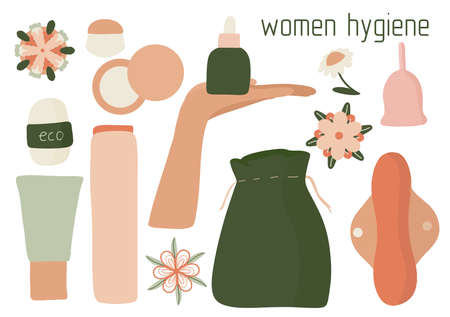 Women hygiene set, eco-friendly reusable menstrual cup, zero waste periodsのイラスト素材