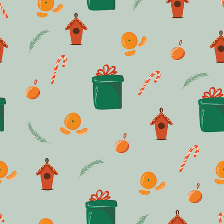 Seamless pattern with various Christmas elements, bright texture on a Christmas theme, hand-drawn cartoon style, stylish and simple illustration, background with gifts, vector print for printingのイラスト素材