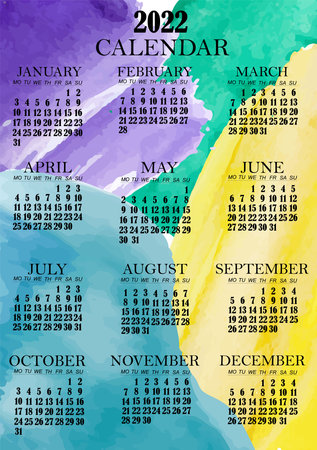 A4 calendar 2022, fashionable abstract figures. Cover art and 12 monthly pages. The week starts on Monday, pastel colors, abstract vector spots of watercolors. Planner 2022 A4, A3, A5 formatのイラスト素材