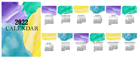 A4 calendar 2022, fashionable abstract figures. Cover art and 12 monthly pages. The week starts on Monday, pastel colors, abstract vector spots of watercolors. Planner 2022 A4, A3, A5 formatのイラスト素材