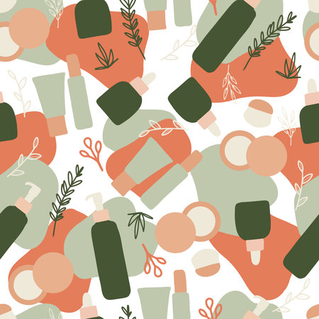 Seamless pattern organic cosmetics, bottles, cans, tubes, botany elements, leaves and branches, womens items, eco-style, eco cosmetics, flat hand-drawn style, natural products, vector illustrationのイラスト素材
