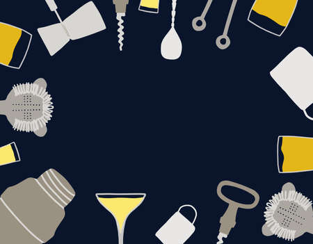 Beautiful vector background with bartending equipment shaker, mixing, serving, spoon, pouring cocktails, corkscrew, glasses of drinks in the bar, in a flat and cartoon style. National Bartender Dayのイラスト素材