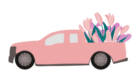 Hand drawn beautiful spring bouquet with flowers in the back of the car. Celebrating Valentine Day, Mother Day, March 8. Vector illustration isolated white background. Simple and cute style, doodle.のイラスト素材