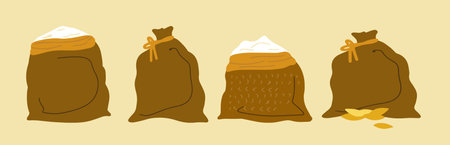 Vector set of jute bags with flour, sugar, wheat germ grains. Cute and flat style. Beautiful illustration for creating design, stickers, wrappers, postcards, banners, websites.のイラスト素材