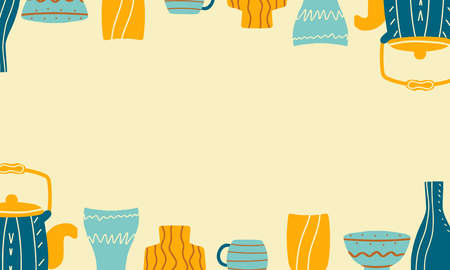 Beautiful background for text, banner. A set of ceramic tableware with design elements. A collection for tea drinking and delicious dishes. Teapot, plate, mug. Vector flat cartoon styleのイラスト素材