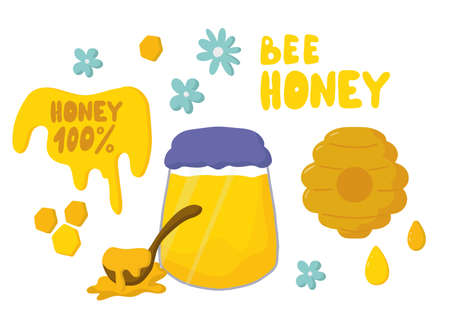 Vector set of honey jars, wooden spoon, beehive, drops, bee lettering, drips, drops, dies for text. Cartoon, flat style. Use for postcards, T-shirt printing, for children, advertising, brochuresのイラスト素材