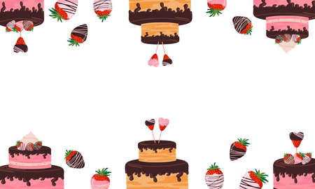 Valentines day banner with chocolate strawberries, cupcakes, very tasty. Strawberries, cream cake, berry candies on a heart-shaped stick. Vector flat illustration on an isolated white background.のイラスト素材