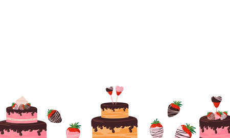Valentines day banner with chocolate strawberries, cupcakes, very tasty. Strawberries, cream cake,...