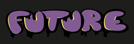 Slogan urban graffiti printing house, street flat style for T-shirts, hoodies and more. Lilac letters in the form of a bubble with black and yellow streaks of paint. Vector on an isolated background.のイラスト素材