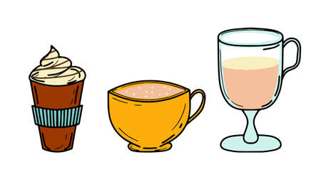 Vector set of chocolate bar, cocoa beans, coffee, yellow mug with a hot drink. Delicious breakfast, snack. Isolated white backgroundのイラスト素材