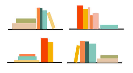 Vector design of wall shelves with various books. Time to read. A set of books, literature, dictionaries, notebooks and encyclopedias. Color flat illustration on an isolated white background.のイラスト素材