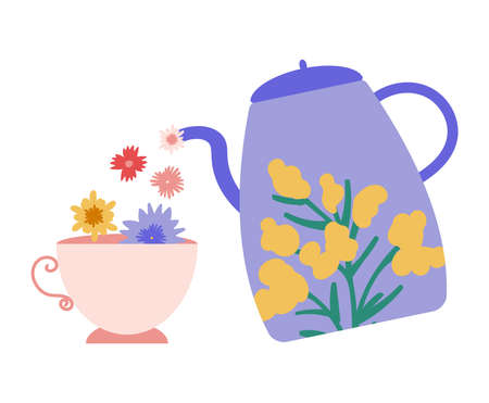 Greeting card for March 8, Mother Day bouquet of flowers. Women Day. Hello spring. A jug and a mug filled with wildflowers. Beautiful poster, banner, sticker, T-shirt print or other design.のイラスト素材