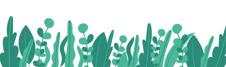 Plants minimalist vector banner. Hand drawn floral, grass, branches, leaves on a white background. Green simple horizontal pattern. Simple flat style. All elements are isolated and editableのイラスト素材