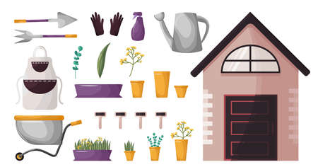 Cute spring vector set of garden tools. Elements for the design of potted plants, signs, shed, tools shovel, rake, flowers, watering can, wheelbarrow, apron. Icons, stickers home garden with a windowのイラスト素材