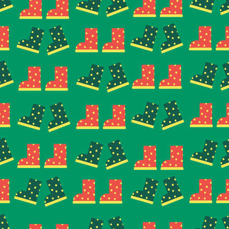 Rubber boots with polka dots. Vector pattern flat illustration. Spring, autumn, summer children waterproof shoes for walking in the rain and puddles. Shoes for boys and girls.のイラスト素材