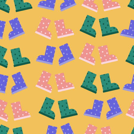 Rubber boots with polka dots. Vector pattern flat illustration. Spring, autumn, summer children waterproof shoes for walking in the rain and puddles. Shoes for boys and girls.のイラスト素材