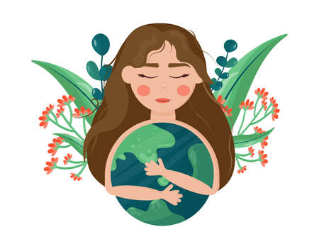 Earth Day is April 22. Banner girl embraces the globe. International Mother Earth Day. Environmental protection. Vector illustration in cartoon style.For printing stickers, posters, postcards.のイラスト素材
