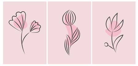 Vector linear abstract poster. Wallpaper in a minimalist style for spring and summer with botanical leaves, flowers, organic shapes. For poster, poster, background, postcard, website and packaging.のイラスト素材