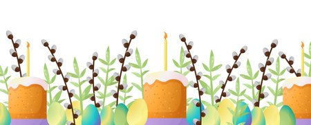 Easter vector background for the design and decoration of a happy Easter holiday. Basket with egg, candles, willow bouquet, foliage, cakes. Easter celebration. Simple cute elements in delicate shades.のイラスト素材