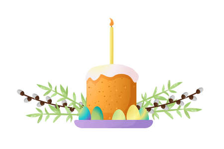 Vector illustration with a cake and eggs. Spring decor. The concept of celebrating happy Easter.のイラスト素材
