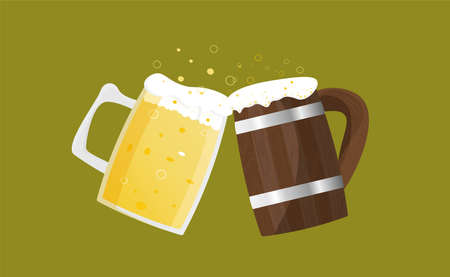 Glass, wooden beer mug with light wheat beer. Foam, bubbles pour over the edge. Vector simple cartoon illustration for the design of Oktoberfest, bar, pub, restaurant, festival, icons, design, stickerのイラスト素材