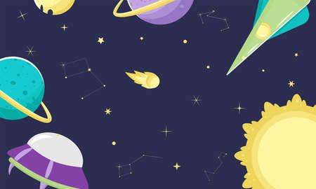 Vector space design kit. space exploration. planets, stars. A galactic adventure. Sun, Simple cartoon style. vector illustrationのイラスト素材