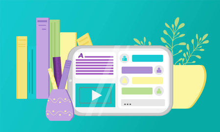 Vector elements for online training and courses, digital classroom, webinar. Tablet screen with...