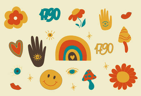 Set of elements in the style of 1970 good vibes. Psychedelic mushrooms, amulet, eyes, rainbow with heart. Vector clipart in the style of 1970. Funny smiley face and daisies. Hand lettering of the dateのイラスト素材