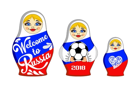 Set of Nesting Dolls with the inscription Welcome to Russia, 2018 and soccer ball. Russian traditional toy. Babushka or matryoshka. Symbol for card and invitation. Colors of the Russian flag. Vector.のイラスト素材