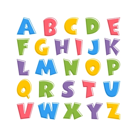 Alphabet for kids in the cartoon style. Children's font with pink, blue, yellow, green and purple letters. Vector illustration on white background.のイラスト素材