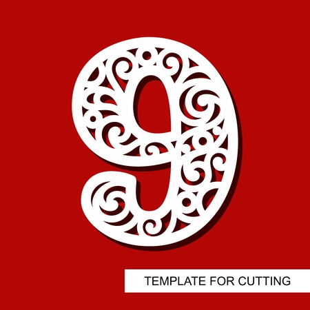 Number nine - 9. Template for laser cutting, wood carving, paper cut and printing. Vector illustration.のイラスト素材