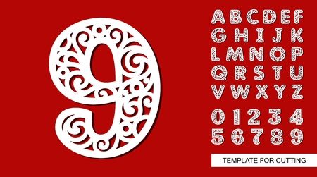 Number nine - 9. Full English alphabet and digits 0, 1, 2, 3, 4, 5, 6, 7, 8, 9. Lace letters and numbers. Template for laser cutting, wood carving, paper cut and printing. Vector illustration.のイラスト素材