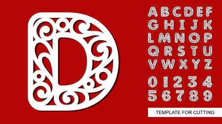 Letter D. Full English alphabet and digits 0, 1, 2, 3, 4, 5, 6, 7, 8, 9. Lace letters and numbers. Template for laser cutting, wood carving, paper cut and printing. Vector illustration.のイラスト素材