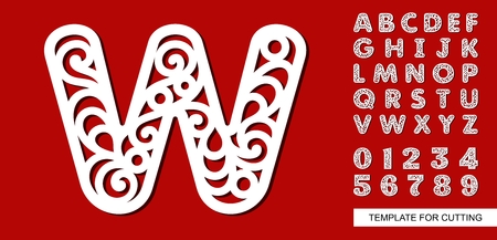 Letter W. Full English alphabet and digits 0, 1, 2, 3, 4, 5, 6, 7, 8, 9. Lace letters and numbers. Template for laser cutting, wood carving, paper cut and printing. Vector illustration.のイラスト素材