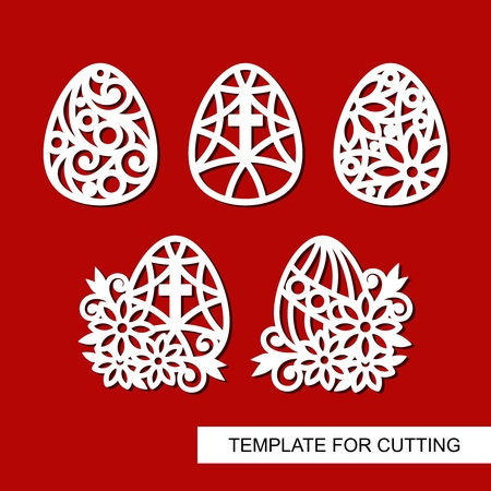 Set of Decorative element - Easter Eggs with Flowers and cross. Template for laser cutting, wood carving, paper cut and printing. Vector illustration.のイラスト素材
