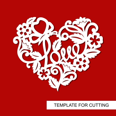 Lacy heart with flowers, butterfly and word "Love". Decoration for Valentine's Day. Template for laser cutting, wood carving, paper cut and printing.のイラスト素材