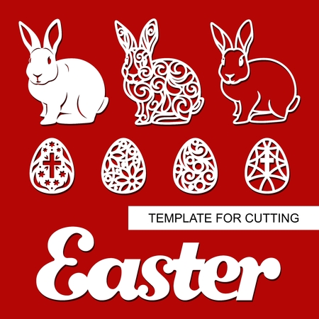 Set of decoration for Easter: rabbit (hare), eggs and word "Easter". Template for laser cutting, wood carving, paper cut and printing. Vector illustration.のイラスト素材