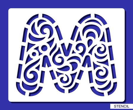 Stencil. Alphabet. Lacy letter M. Template for laser cutting, wood carving, paper cut and printing. Vector illustration.のイラスト素材