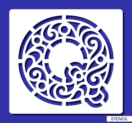 Stencil. Alphabet. Lacy letter Q. Template for laser cutting, wood carving, paper cut and printing. Vector illustration.のイラスト素材