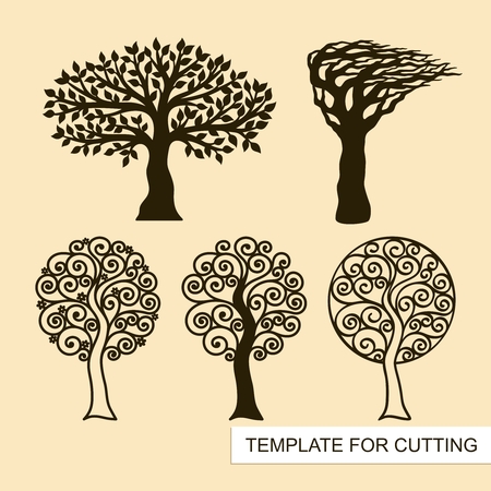A set of silhouettes of trees. Sakura with flowers and curls. Template for laser cutting, wood carving, paper cut and printing. Vector illustration.のイラスト素材