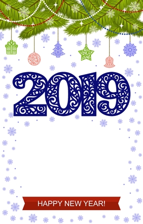 2019 Happy New Year illustration. Greetings ?ard or flyer for Christmas themed invitations. A poster with snowflakes, Christmas tree, bell, star and gift. Place for your text.のイラスト素材
