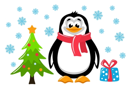 Cute penguin, christmas tree and gift box on a white background. Funny cartoon character on white background. Flat design. Isolated object. Colorful vector illustration for kids.のイラスト素材