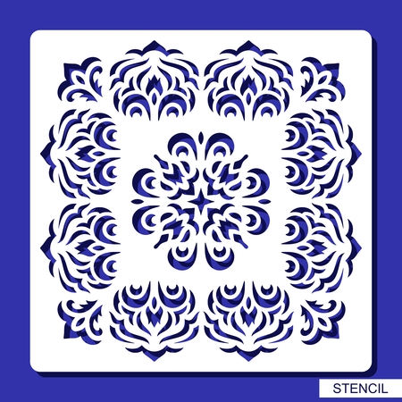 Stencil round ornament and square border. Carved mandala contour in arabesque style. Circular pattern and frame silhouette. Template for laser cutting, paper cut and printing. Vector illustration.のイラスト素材